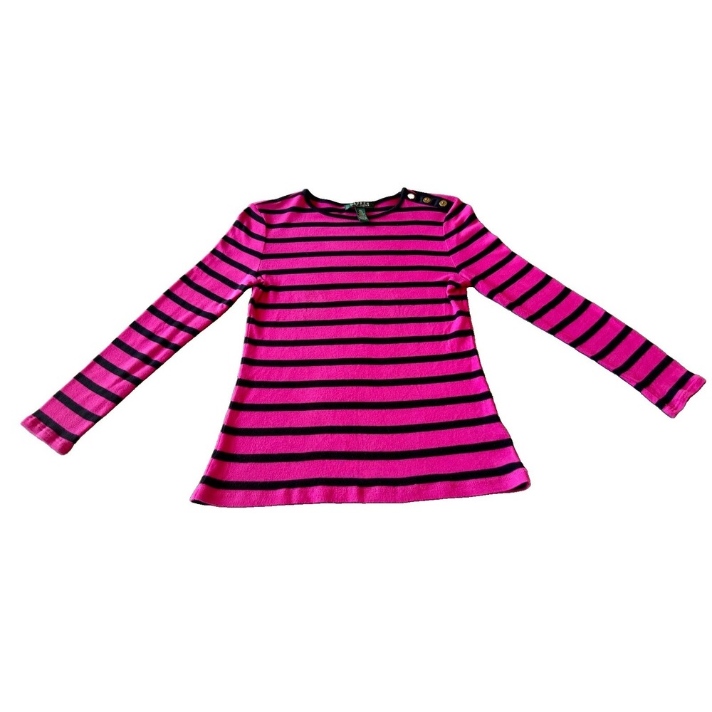 Lauren Ralph Lauren Petite PS Pink Black Striped Button Shoulder Knit Top